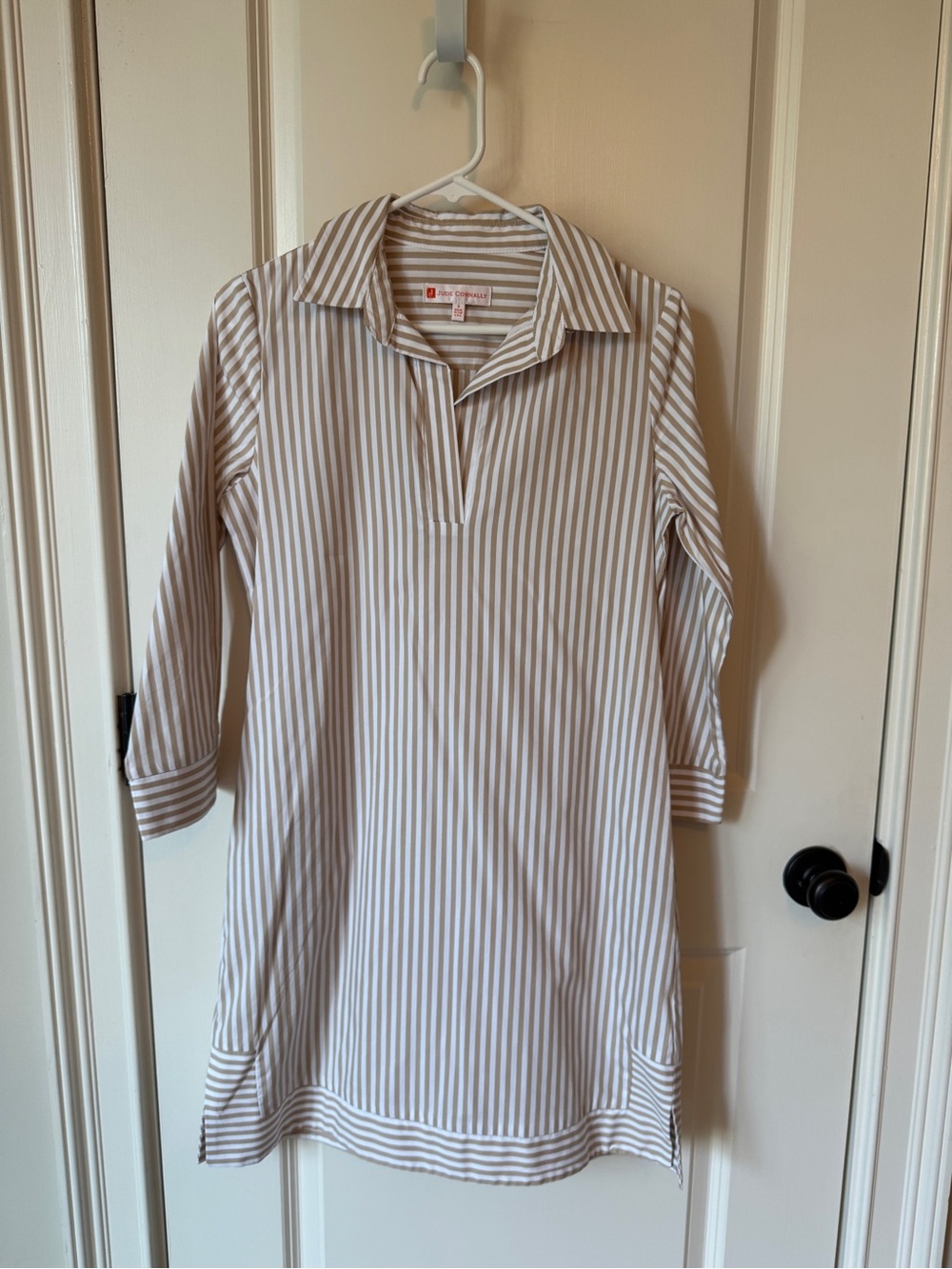 Jude Connally Beige and White Striped Collared Mini Dress